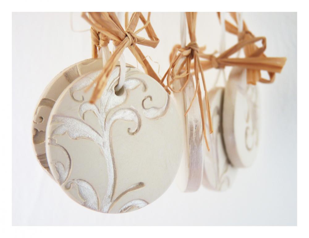 French Wedding Ornaments-set Of 5, White Ceramic, Pearl Painted.