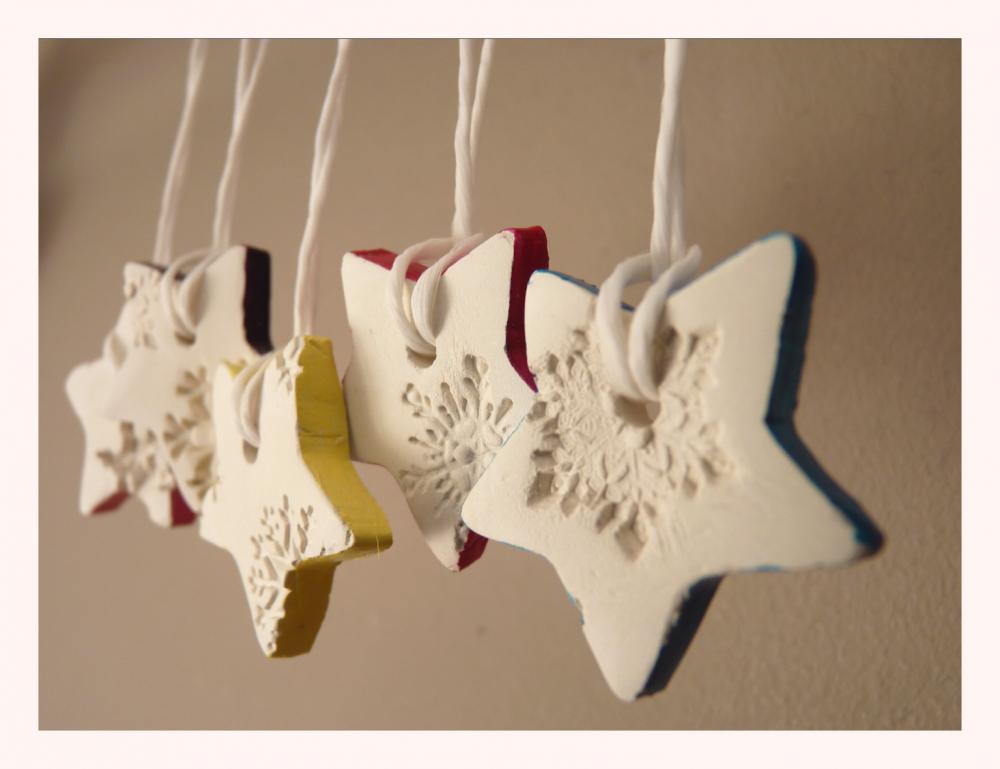 Snowflake Porcelain Ornaments, White And Multi-colored, Star Shaped.