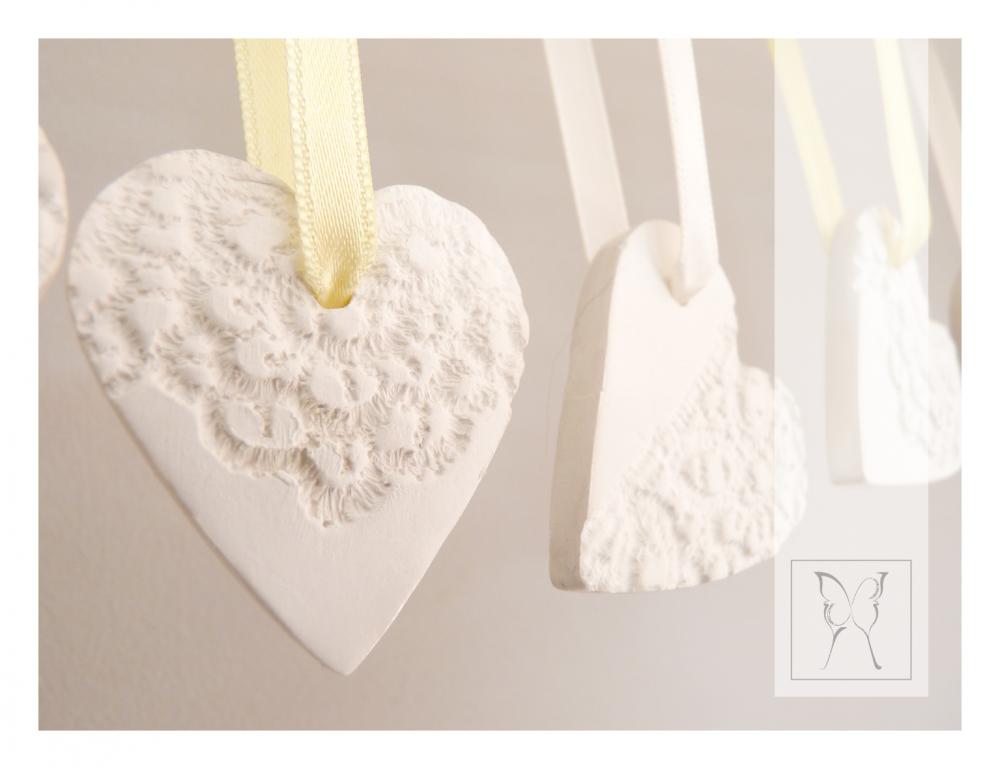 French Lace Ornaments - Heart Shaped - Porcelain - Set Of 5