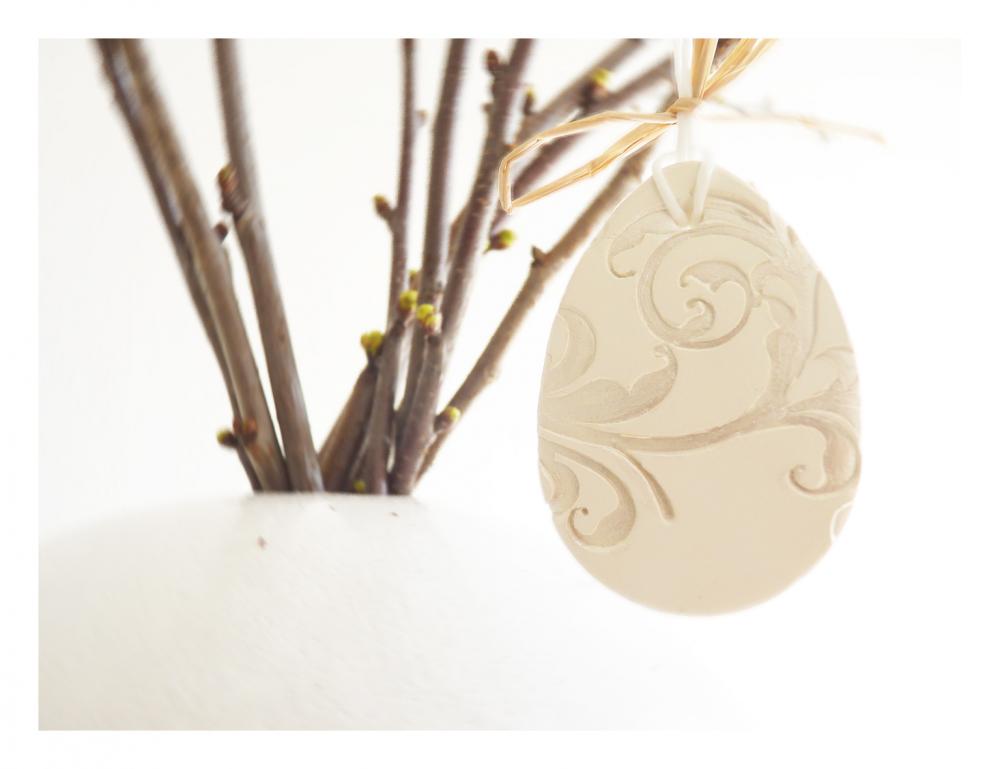 French Easter Ornaments-set Of 3, White Ceramic, Pearl Painted.