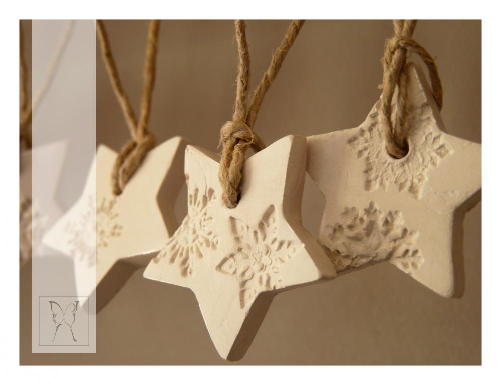 5 Snowflake Ornaments, White And Pearl Porcelain, Star Shaped