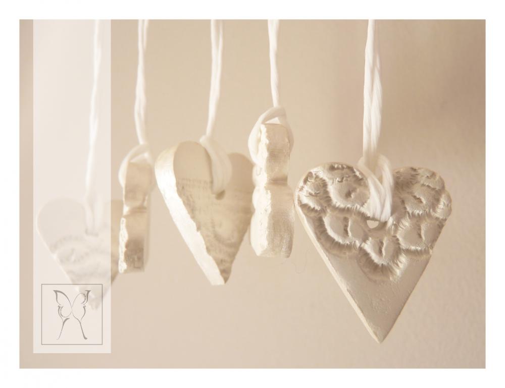 Mini French Lace Ornaments - Heart Shaped Small - Porcelain - Set Of 5