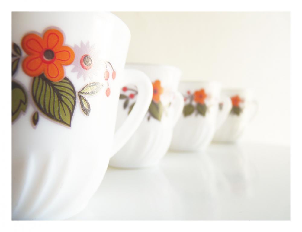 1960's French Tea/coffee Cup Set. Orange, Green, White Flowers.