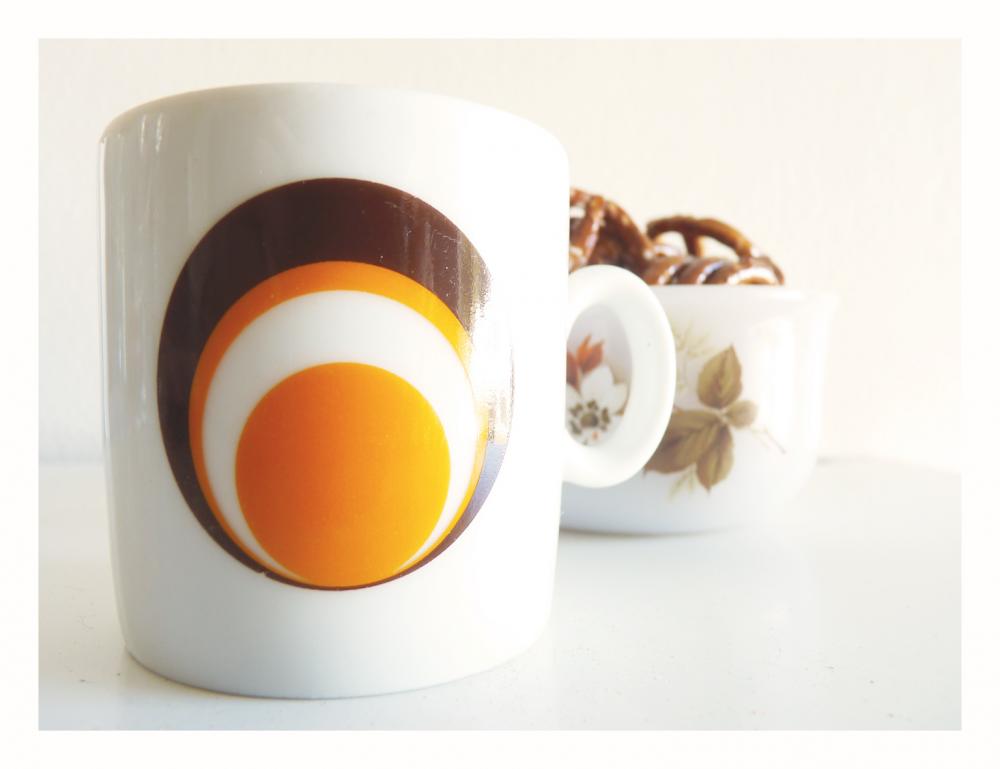 1970's Espresso Cup. Brown, Orange, White Circles.